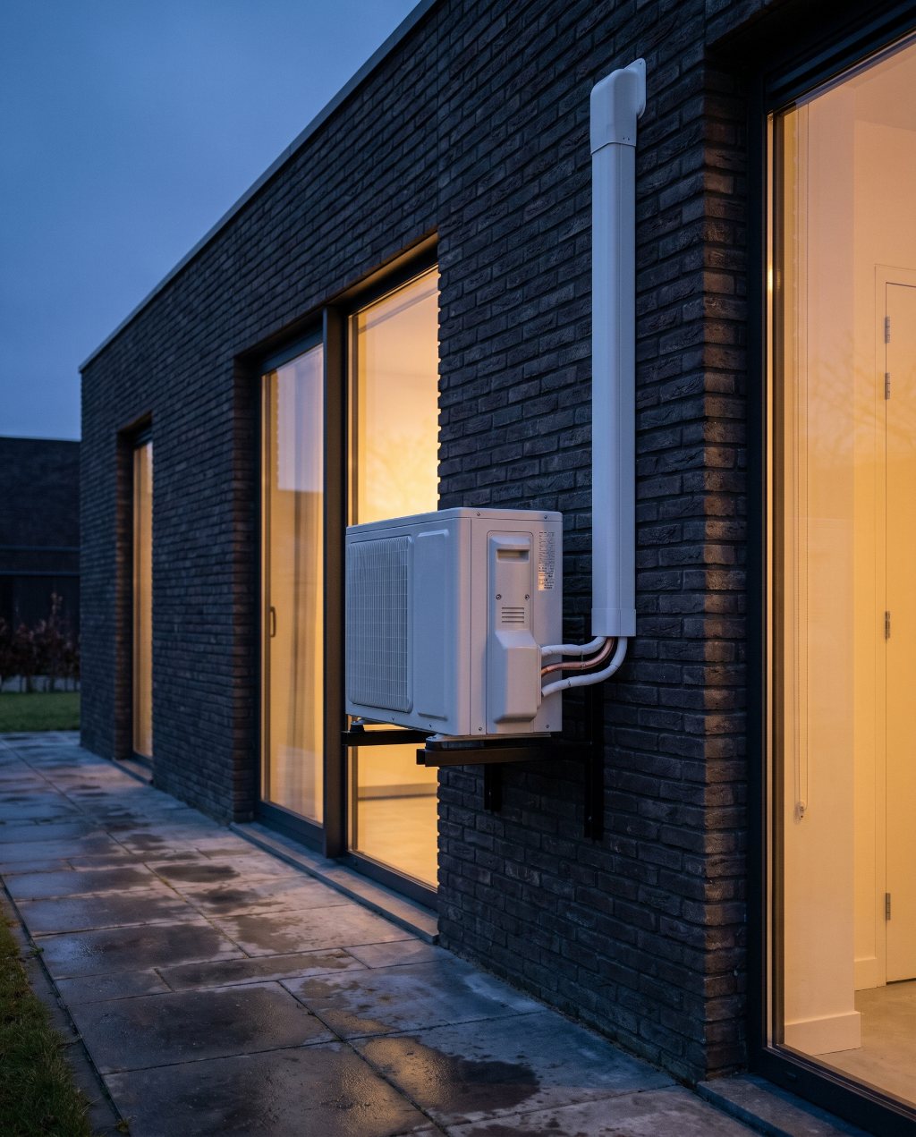 Buitenunit van een airco op een beugel tegen de donkere bakstenen gevel van een moderne woning, in avondlicht