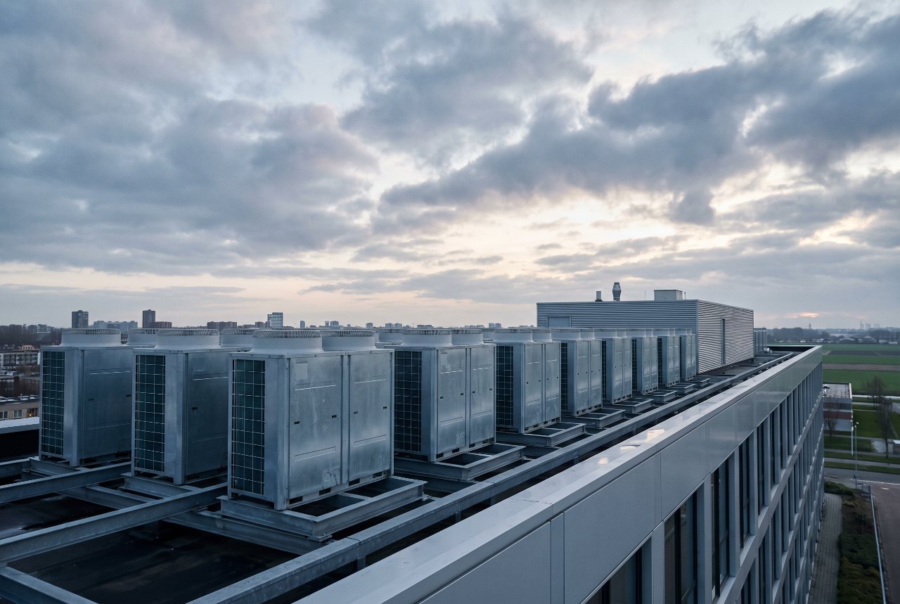 Rij VRF-buitenunits op het dak van een bedrijfspand onder een bewolkte ochtendhemel