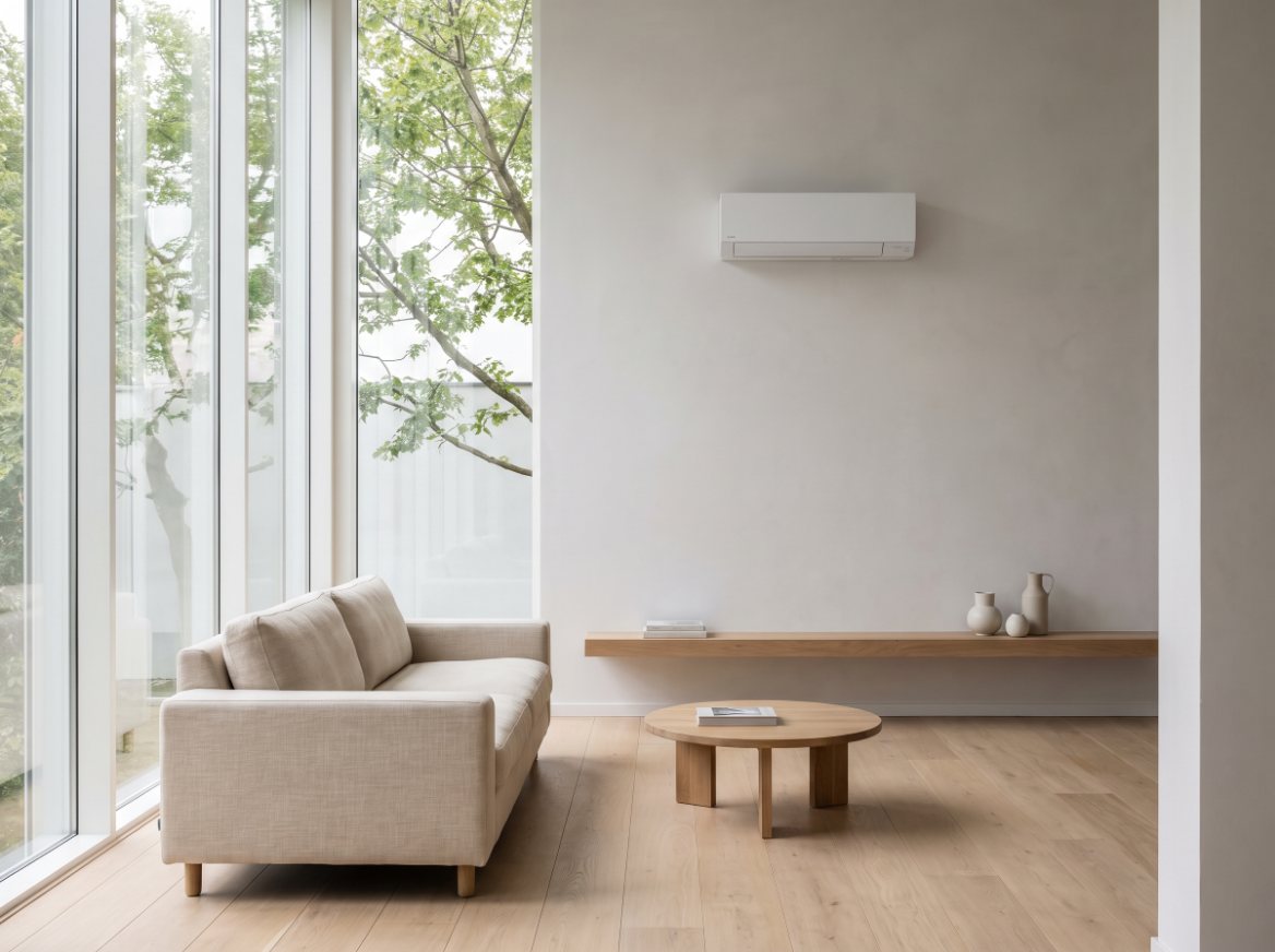 Minimalistische woonkamer met hoge ramen en een witte binnenunit van een airco hoog aan de muur
